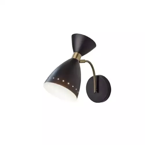 Adesso Oscar Wall Light Black With Antique Brass Accents Black Painted Metal Cone Shade (4279-01) - Customlampdesigns